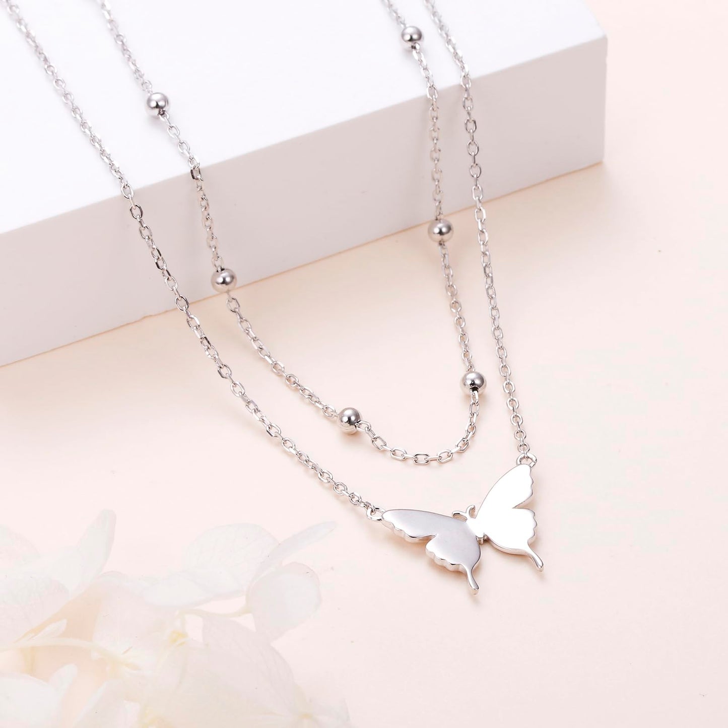 DAOCHONG S925 Sterling Silver Double Layer Butterfly Necklace for Women Beaded Choker Chain Dainty Layered Jewelry Gift for Her Jewelry