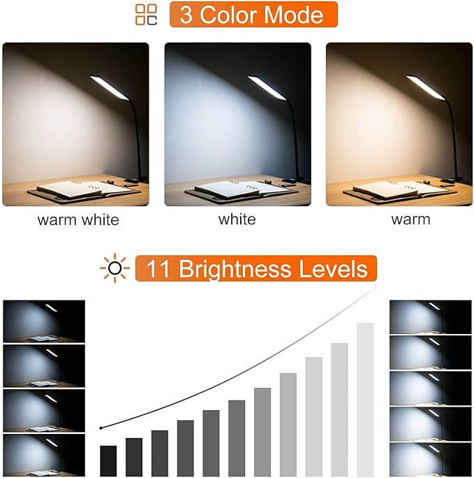 Vansuny Clip on Light LED Desk Lamp with Eye-Caring LED Light and Metal Clip, 11 Level Brightness 3 Color Modes, Power by USB Port 5W Adjustable Neck Reading Lamp for Home and Office (5W, Black)