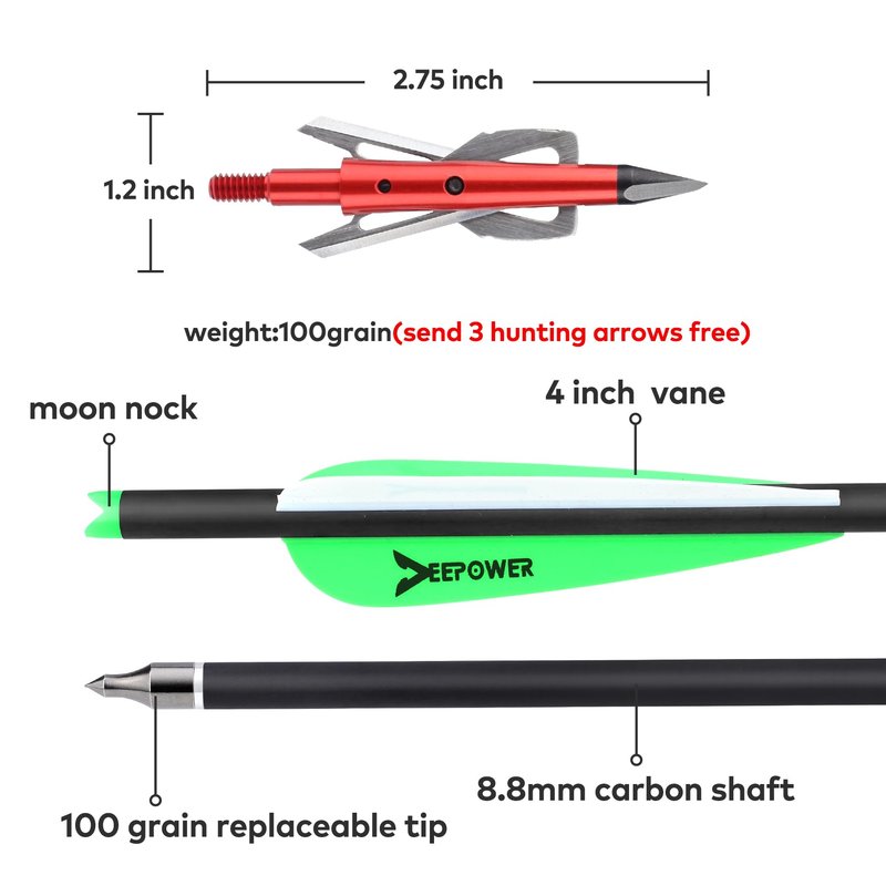 DEEPOWER 6 Pack Crossbow Bolts 20 inch with Broadheads 100 Grain and 7.62mm Lighted Nocks Crossbow Arrows for Hunting and Practice (Green)