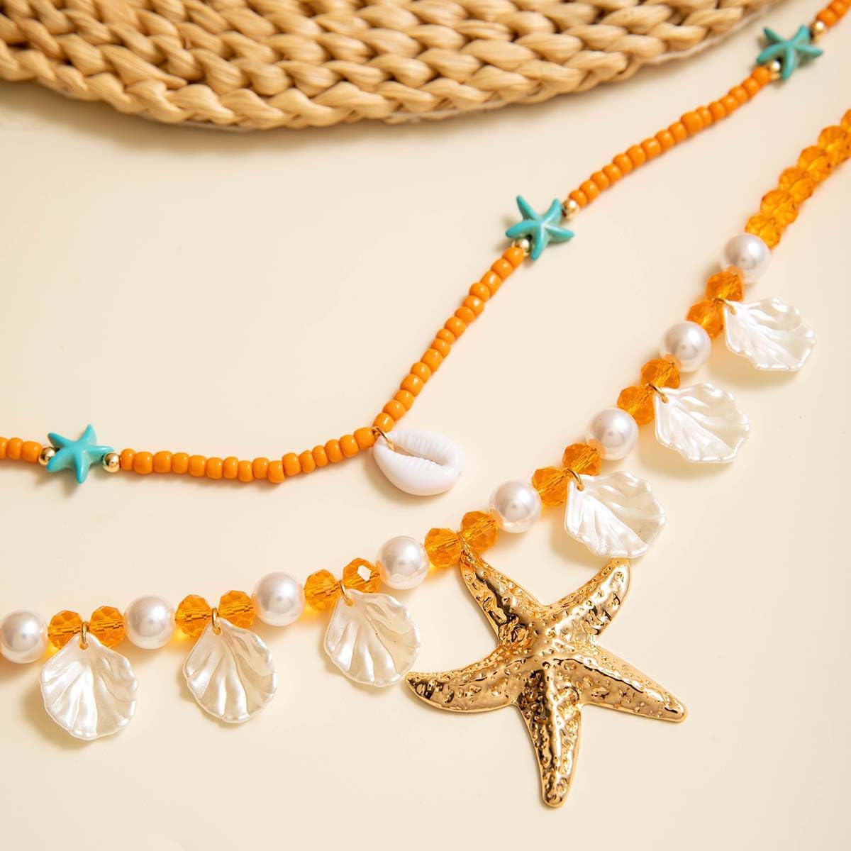 LKingel Gold Starfish Necklaces for Women Beaded Mermaids Starfish Shell Pearl Choker Pendant Necklaces Chunky Beach Necklace Mermaid Charm Necklace Summer Beach Jewelry for Women Orange2