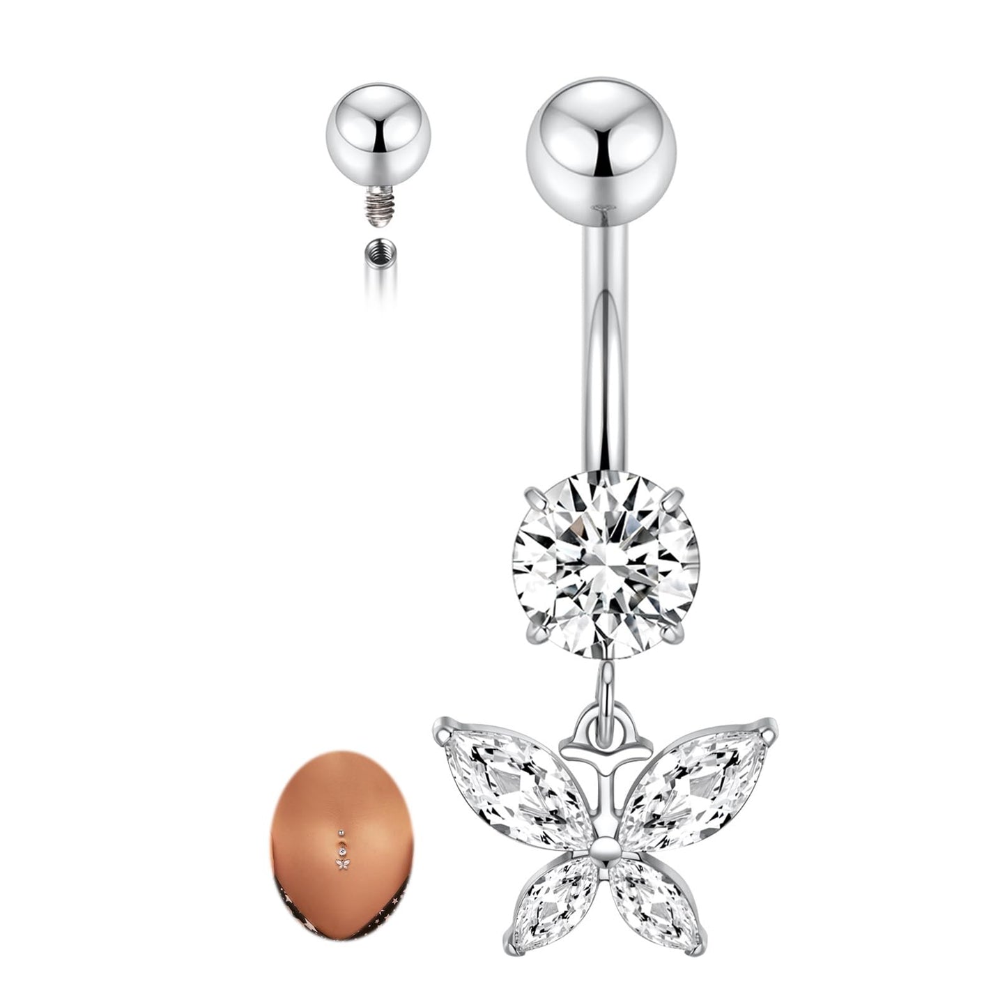 PEAKLINK 14G Belly Button Ring 10mm Dangle Belly Jewelry Internally Threaded Navel Piercing Silver for Women Titanium Curved Belly Barbell with Butterfly CZ Navel Bars