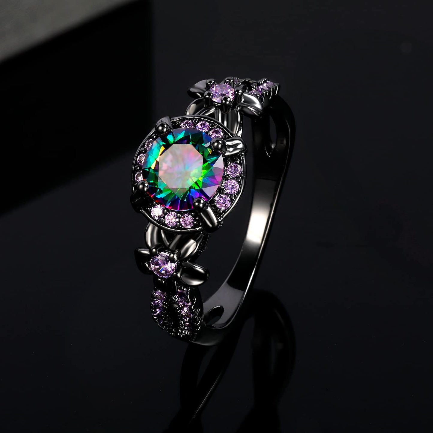 Women Eternity Rings18K Black Gold Plated Rainbow CZ Created Amethyst Gemstone Wedding Engagement Band for Bride Dainty Jewelry Gifts (8)