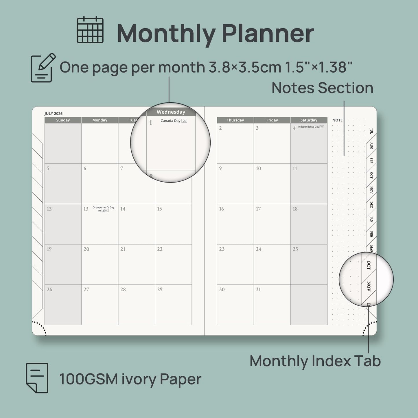 POPRUN Planner 2026-2027 (Medium 6.75"x 8.75"), Horizontal Weekly Notebook Jul.2026 - Jun.2027, Academic Appointment Book with Monthly Tabs, Leather Hardcover, 100 GSM - Aquamarine