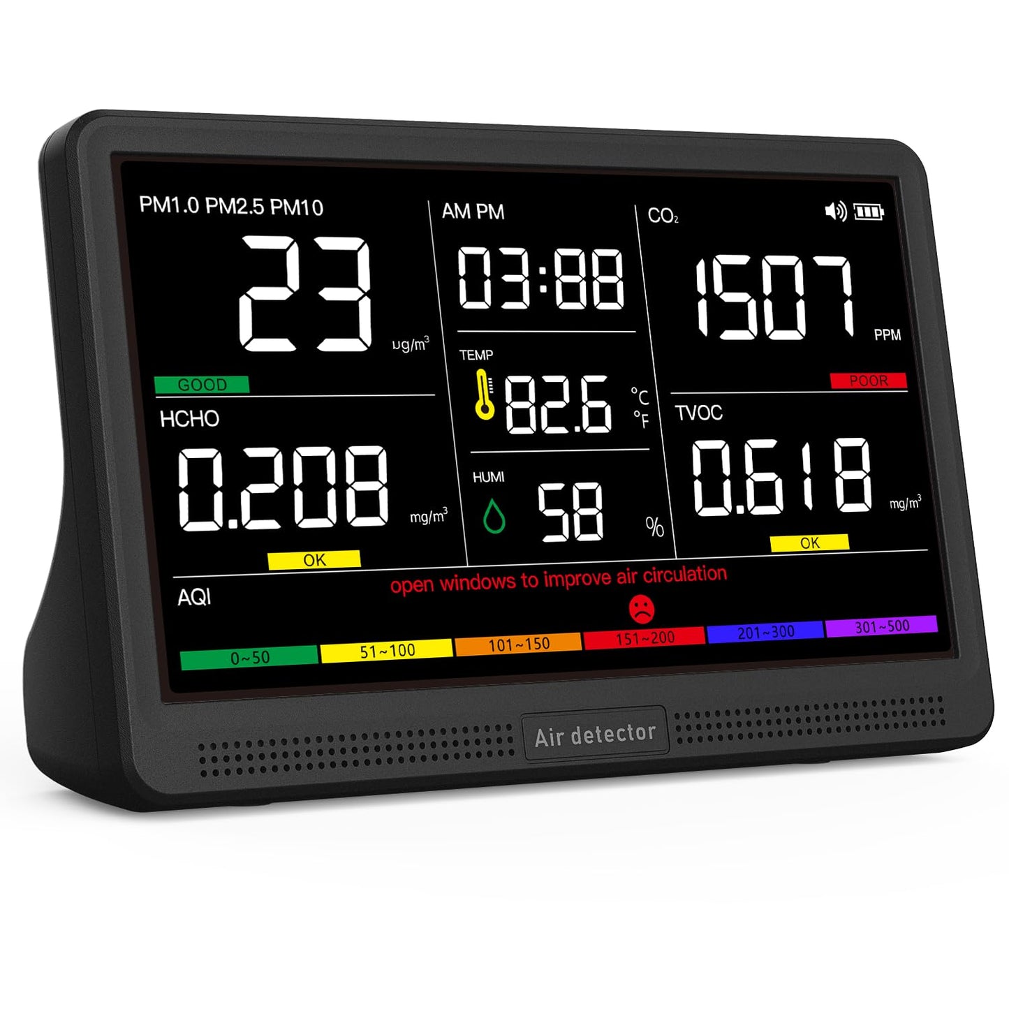 16 in 1 Air Quality Monitor Indoor 7" Display 9 AQI+7 AQI Alerts, CO2 Monitor Air Quality Tester for CO2, TVOC, PM2.5 PM1.0 PM10, HCHO Temperature Humidity AQI & Time Air Quality Meter for Home