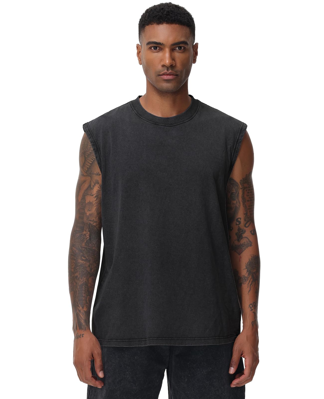 SnowElve 3 Pack Mens Workout Tank Tops Sleeveless Tee Shirts Men Muscle Shirt Gym Acid Wash T Shirts Running Beach Loose Fit Tee(CFGYBK,L)