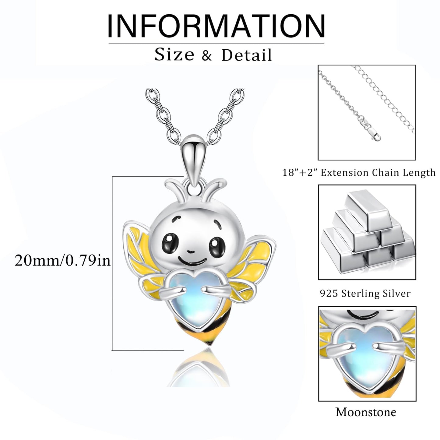 Dreamboat Bee Pendant Necklace for Women 925 Sterling Silver Moonstone Bumble Bees Animal Jewelry Gifts