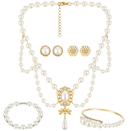 Glenmal Pearl Rhinestone Jewelry Set for Women Pearl Necklace Bracelet Earrings for Wedding Birthday Bridal Shower Tea Party(Casual Style)