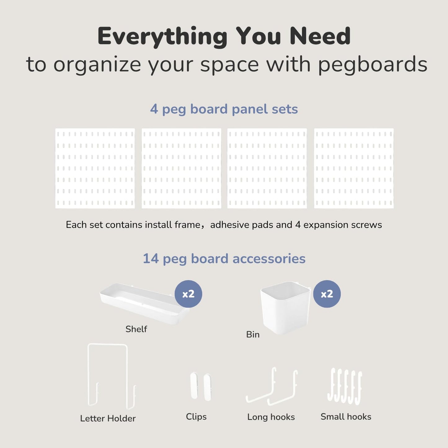 Keepo Peg Board Wall Organizer – Plastic Pegboard Panels, Modular Peg Board Storage System For Home Office, Craft Room, Gaming Setup (White, 22″×22″)