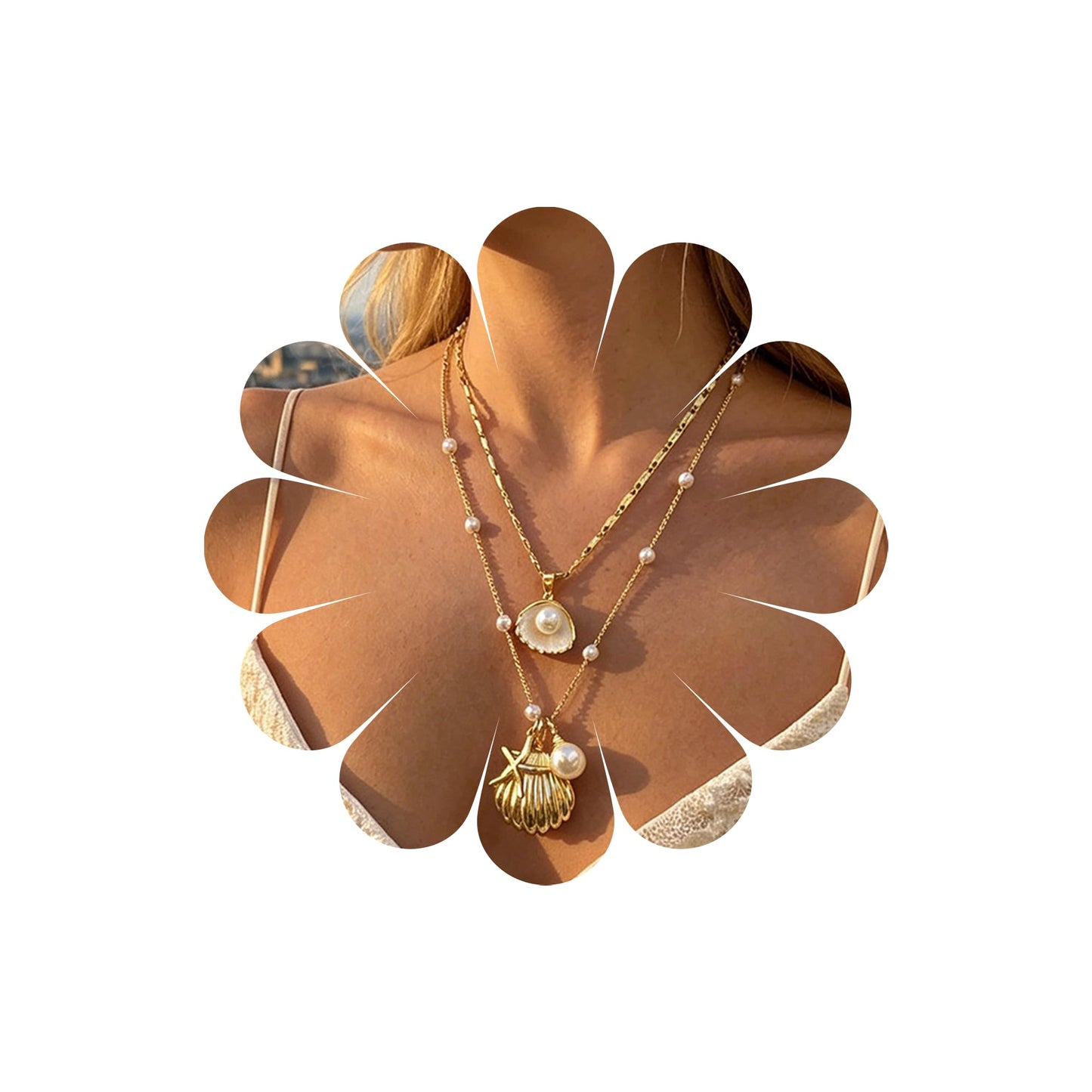 Gold Shell Starfish Necklace for Women Layered Pearl Conch Pendant Necklace Dainty Summer Beach Vacation Boho Jewelry (Gold 2pcs)