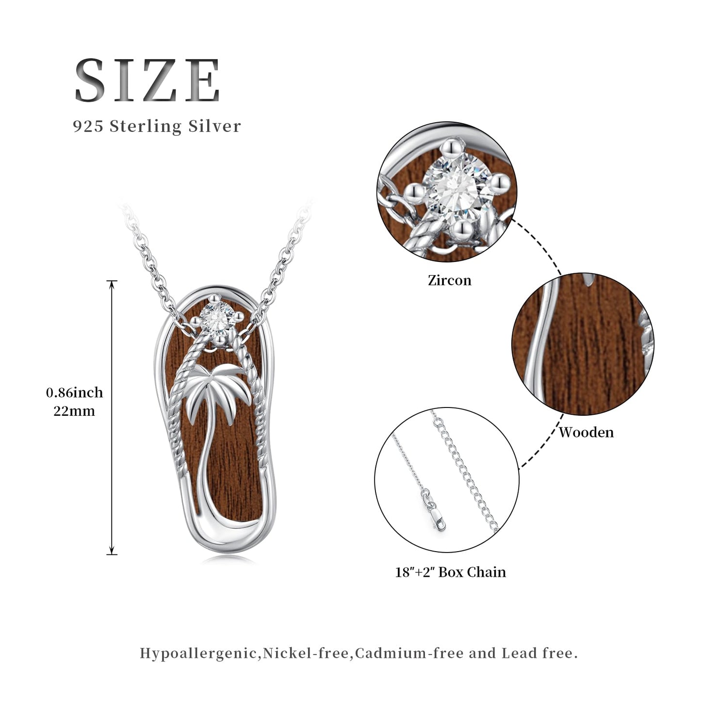 Midir&Etain Flip Flop Necklace 925 Sterling Silver Palm Tree Pendant Beach Wooden Necklace Flip-Flop Wood Jewelry for Women
