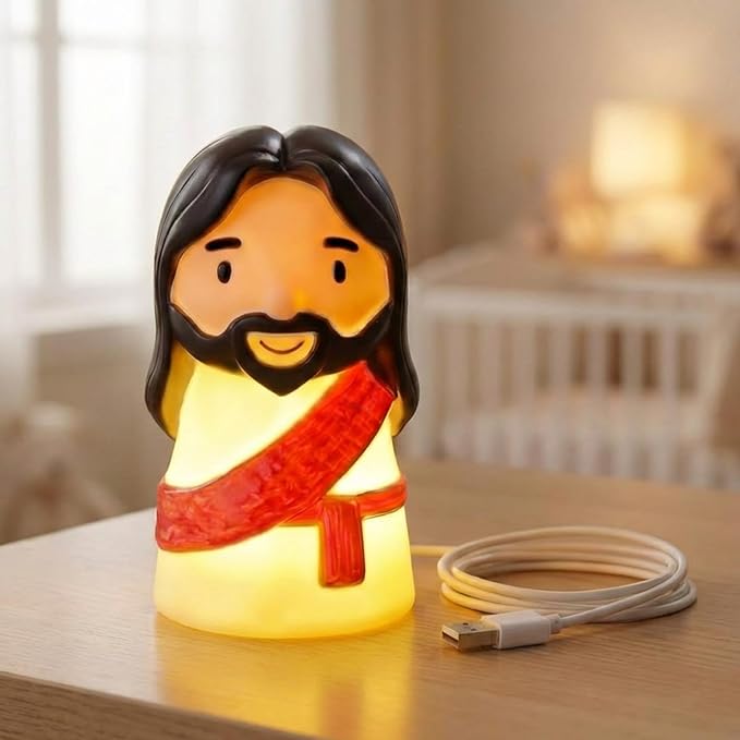 Cute Jesus Night Light, Jesus Gift, Dimmable PVC Christian Lamp, USB Rechargeable Touch Bedside Light, Baptism Favor, Easter & Religious Gifts (3 x 5 Inch)(Red)