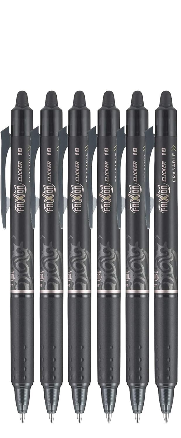 Advantage Gifts FriXion Clicker Retractable Erasable Gel Pen, Black, Bold Point, 6-pk; Bundle with Plastic Reusable Pouch