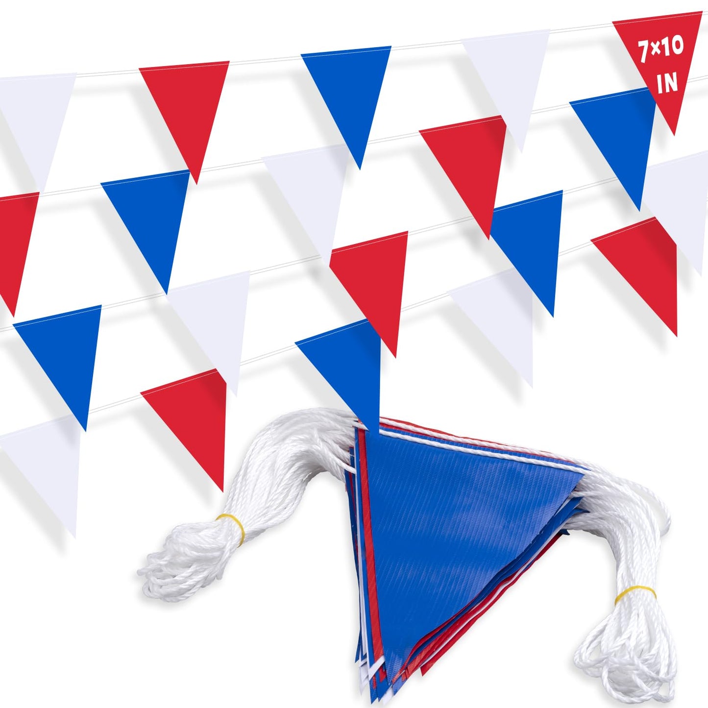 105ft Pennant Banner Flags, 7x10 Red Blue and White 45 Pcs High Visibility Safety Flagging on String, Triangle Pool Flag for Backstroke, Construction Events Party Decoration Parking Marking Outside