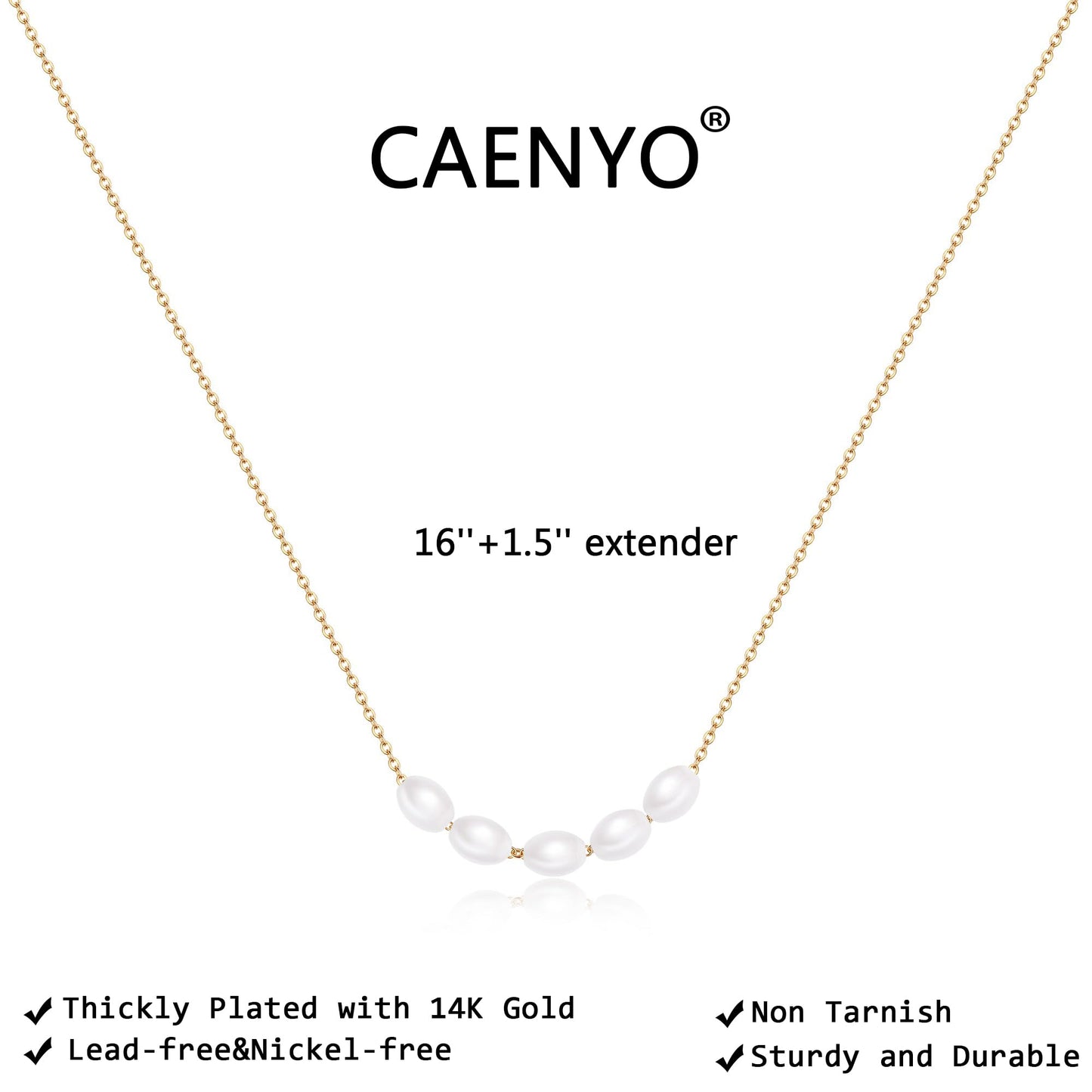 Caenyo Five Pearl Choker Necklace, 14K Real Gold Plated, Hypoallergenic & Tarnish Resistant, Simple & Chic Jewelry for Women, Adjustable 16+2 Inch