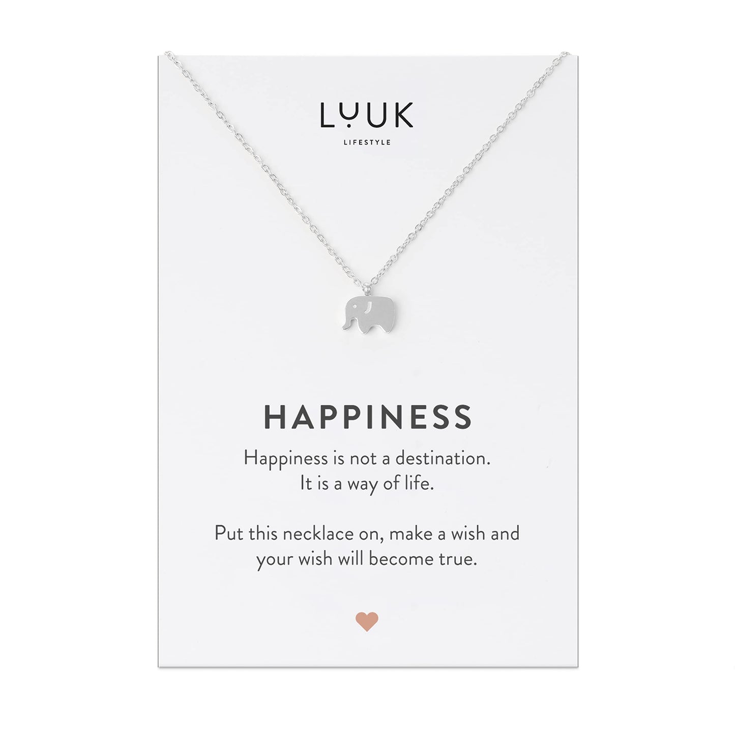 LUUK LIFESTYLE Necklace for women with elephant pendant and HAPPINESS gift card, chic and modern jewelry, stainless steel, feminine fashion for festival, special occasions, trendy look, silver