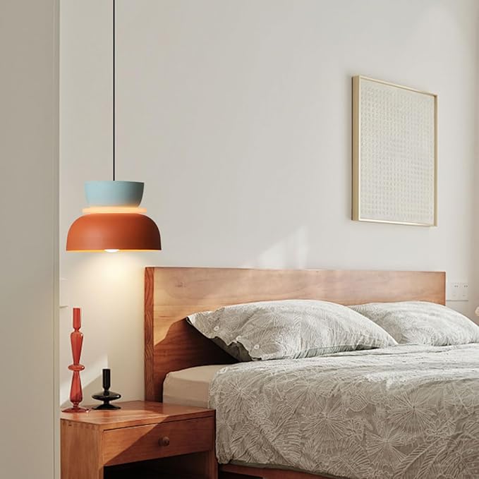 Mid Century Modern Ceiling Pendant Light, Orange Navy 2 Colors Barn Macaron Shade, Aluminum Nordic Modern Pendant Light Fixture, Colorful Chandelier Pendant Lights for Kids Room