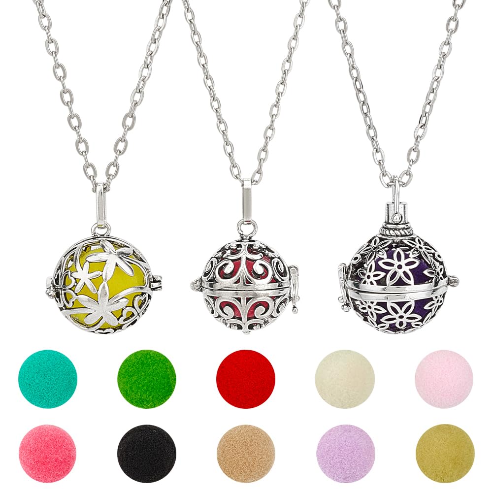 PH PandaHall 3pcs Essential Oil Diffuser Necklace, Aromatherapy Locket Pendant Scent Necklace with 10pcs Color Cotton Balls Platinum Flower Pendant Necklaces Chain for Men Women Jewelry Birthday Gifts