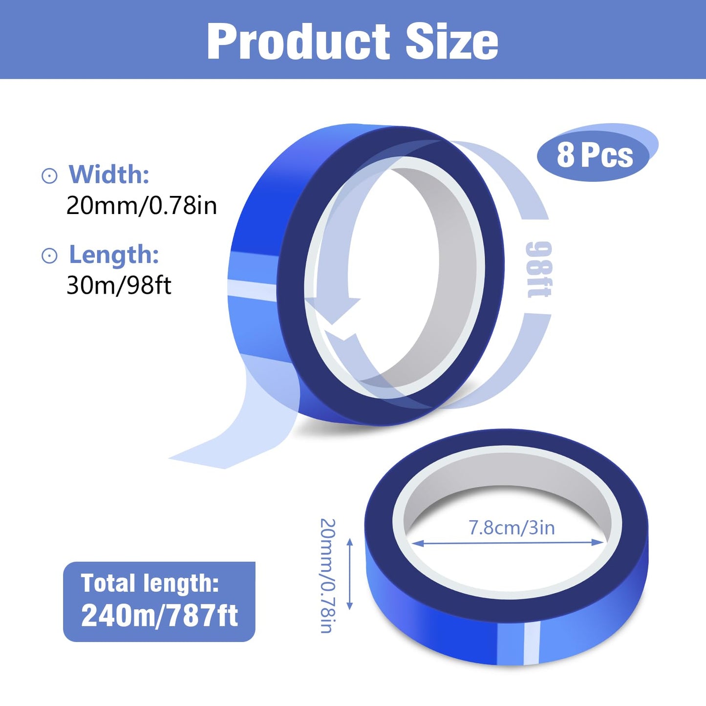 Fyguard 8 Rolls 20mm × 30m (98ft) Blue Sublimation Tape Heat Transfer Tape, Heat Resistant Tape for Sublimation Printer Electronic Soldering, No Residue
