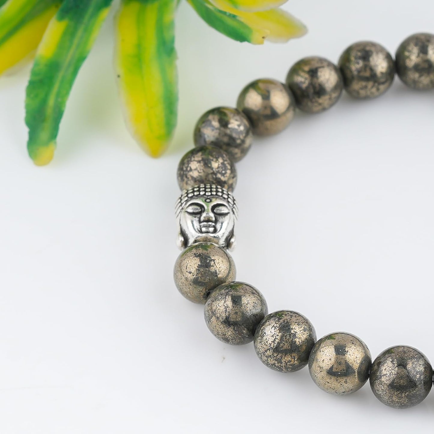 CRYSTALINES Buddha Charm Stretchable Braceclet, Natural Pyrite Gemstone Beads, Plain Round Stones, Handmade Boho Strech Bracelet, Adjustable Spiritual Healing Crystal Unisex Jewelry Gift
