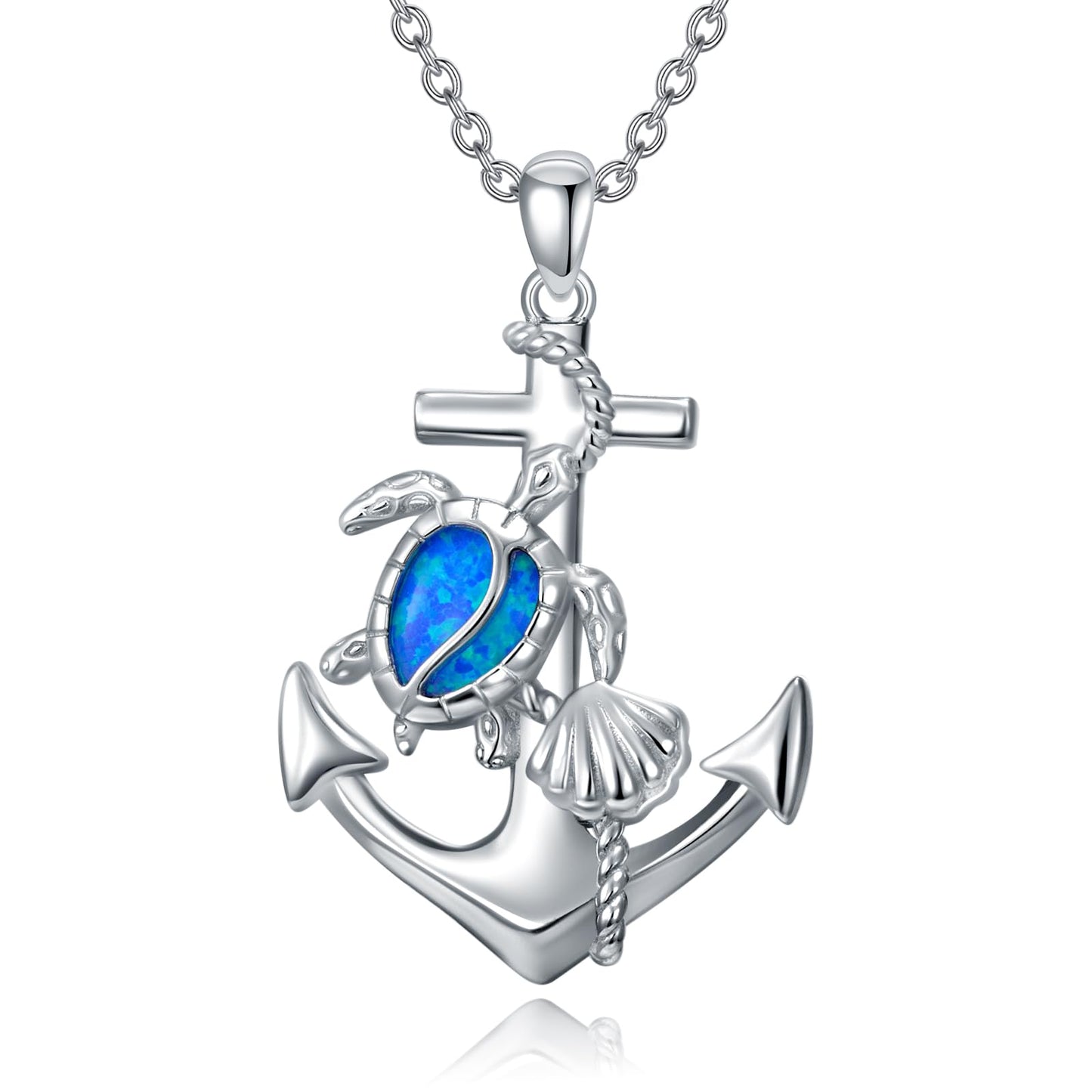 KoyeKei Sea Turtle Necklace Gifts for Women 925 Sterling Silver Anchor Sea Turtle Pendant Blue Opal Ocean N autical Jewelry Beach Seashell Graduation Gifts for Mom Wife Girlfriend Her