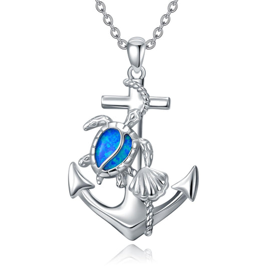 KoyeKei Sea Turtle Necklace Gifts for Women 925 Sterling Silver Anchor Sea Turtle Pendant Blue Opal Ocean N autical Jewelry Beach Seashell Graduation Gifts for Mom Wife Girlfriend Her