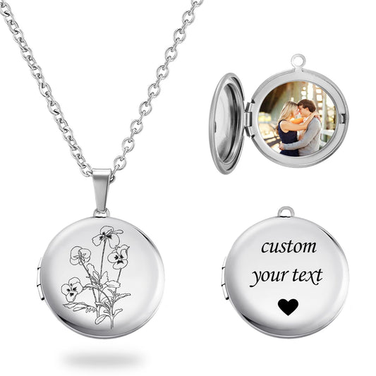 PHOCKSIN Silver Round Locket Necklace 12 Birth Flowers Personalized Necklace that Holds Pictures Customized Gifts Locket Necklaces as Birthday Presents