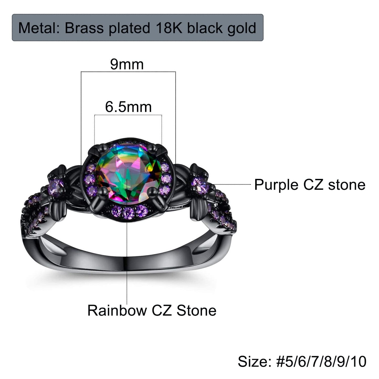 Women Eternity Rings 18K Black Gold Plated Rainbow CZ Created Amethyst Gemstone Wedding Engagement Band for Bride Dainty Jewelry Gifts (10)
