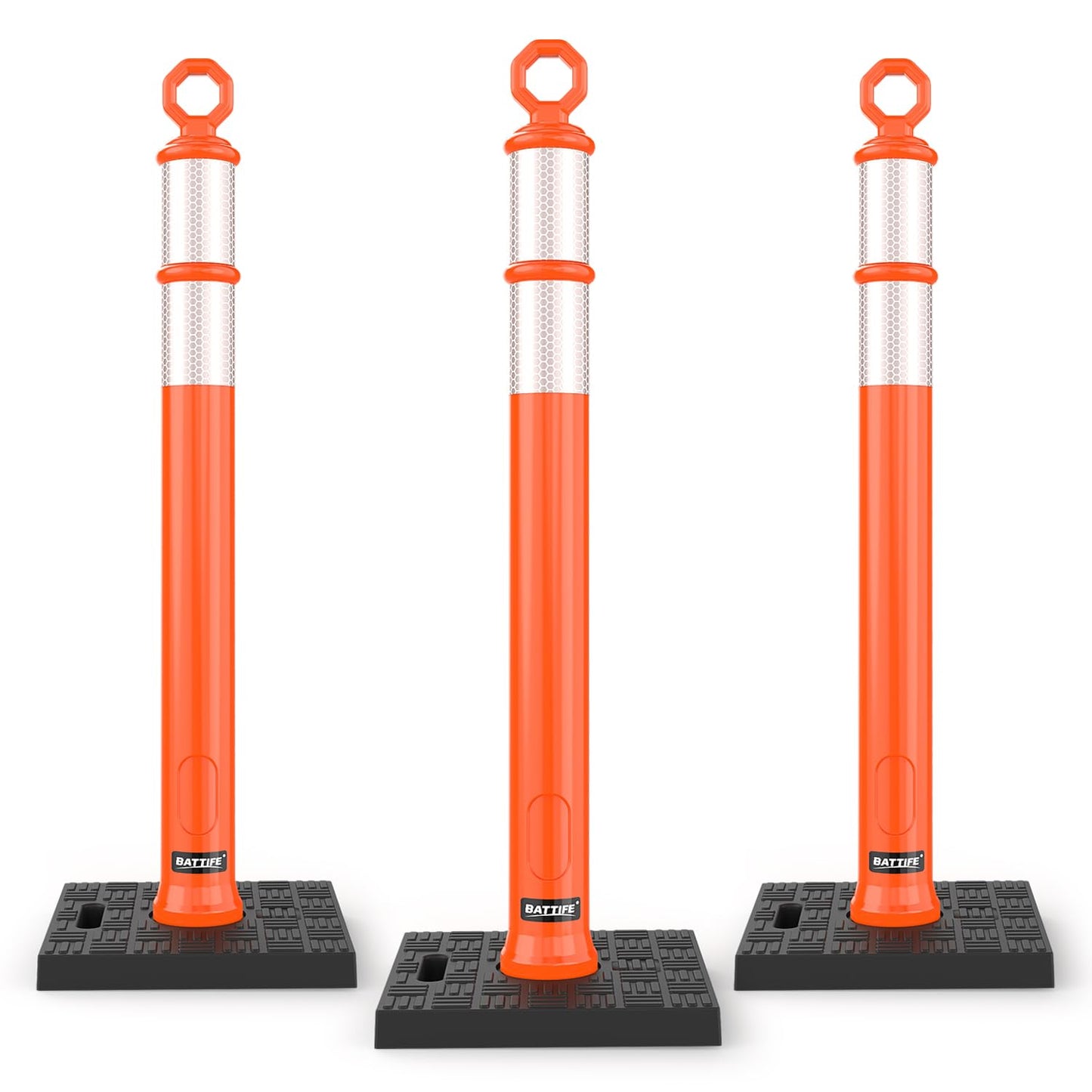 BATTIFE 3 Pack 42 Inch Orange Traffic Delineator Posts with Reflective Collars and Base, Safety Cones for Construction Zones and Driving Practice