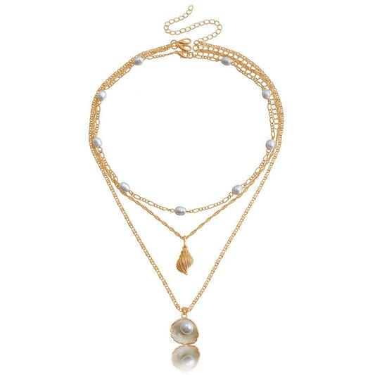 Multi-Layered Pearls and Shells Conch Necklace Set - Ideal for Beach Style, Birthday and Holiday Gifts, Women's Stacked Jewelry