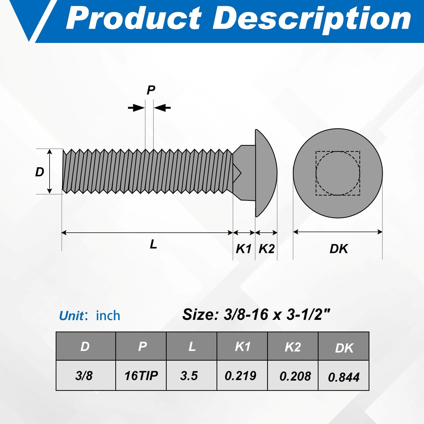 Zonon 25 Sets 3/8-16 x 3-1/2 Stainless Steel Carriage Bolts and Nuts Kit Round Head Square Neck Carriage Bolts Screws and Hex Nuts and Flat Washers, Stainless 18-8 Full Thread Coverage (Silver)