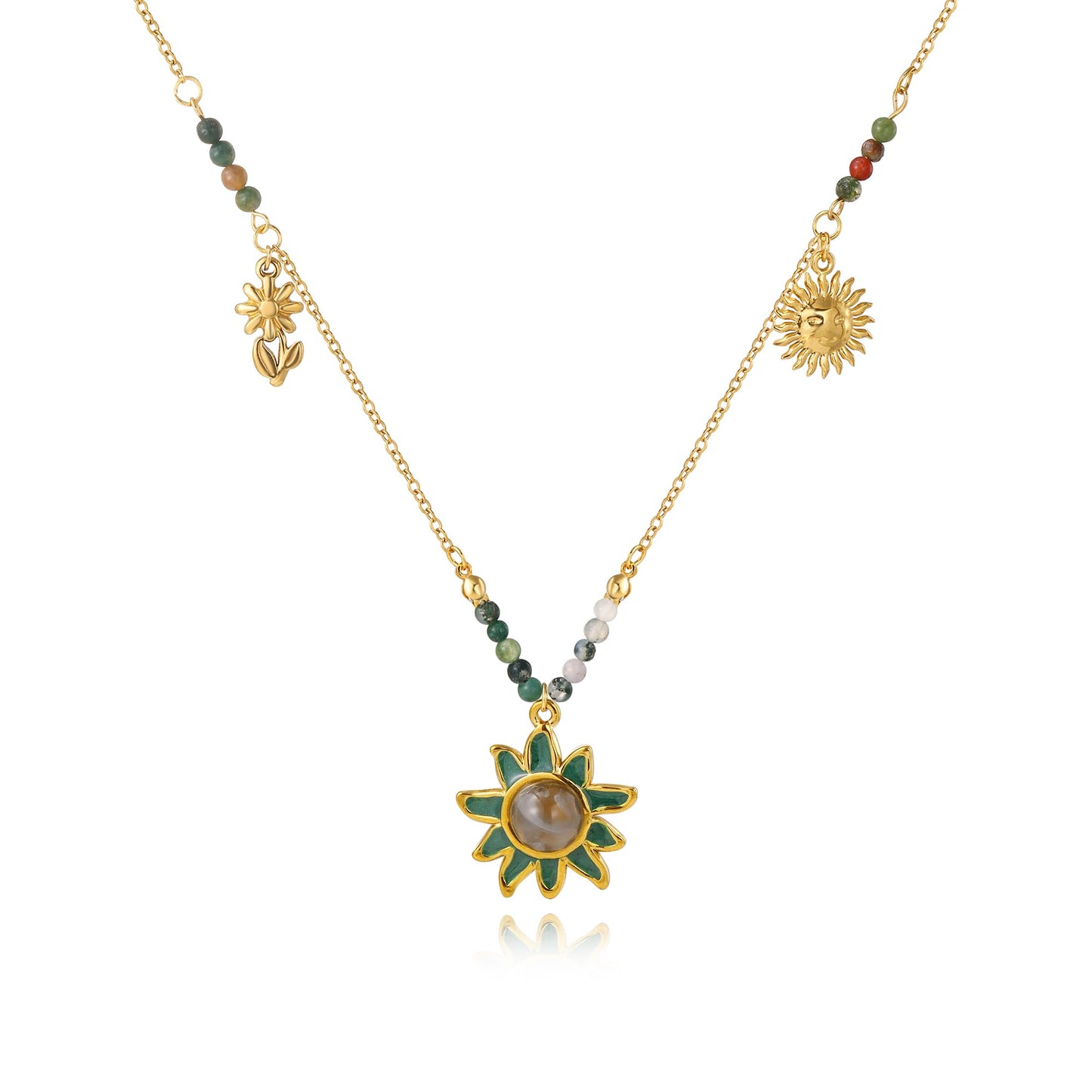 WASAIE Dainty Green Sun flower Pendent Necklace for Women, Trendy Gold Stainless Steel Simple Sunflower Pendant Jewelry Choker Necklace for Party Casual Gift