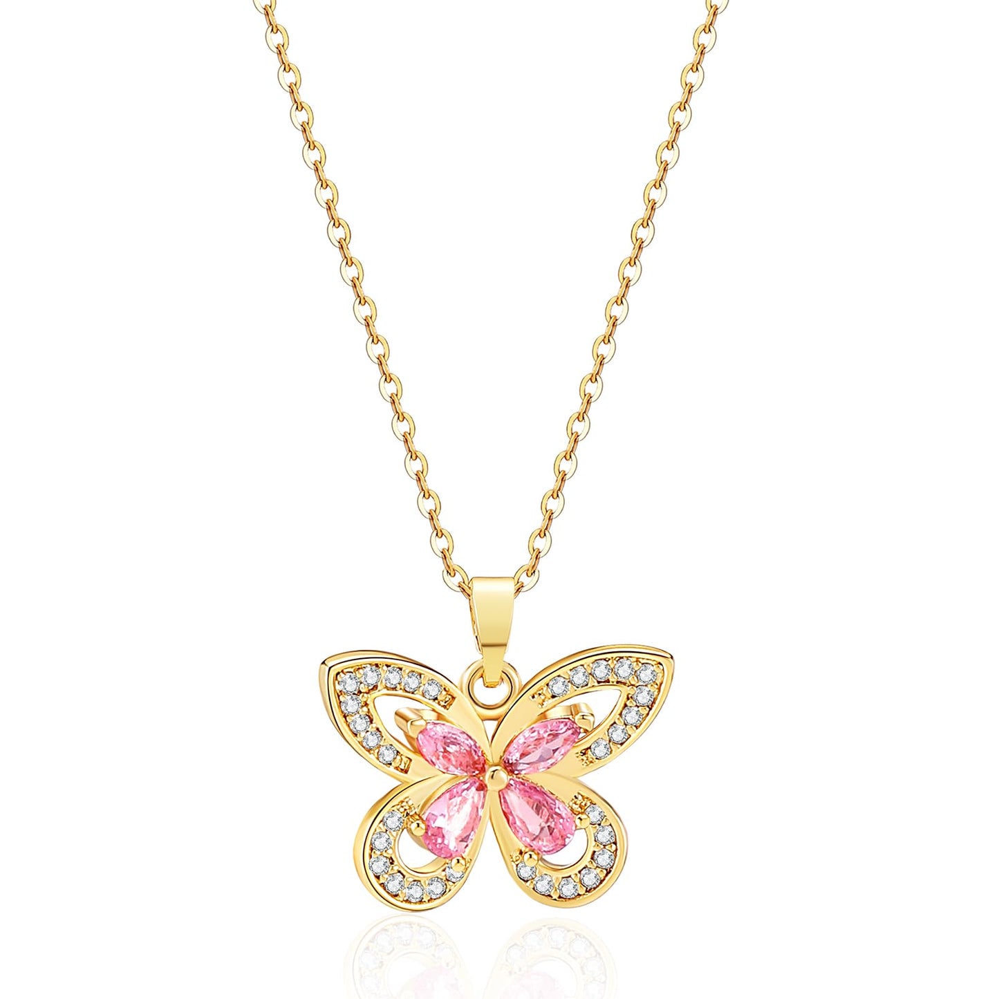 crataly Rose Quartz Butterfly Necklace For Women-Gold Plated October Birthstone Necklace For Valentine's Day Mother's Day Christams Birthday Gifts