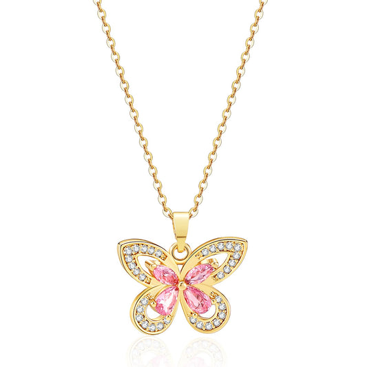 crataly Rose Quartz Butterfly Necklace For Women-Gold Plated October Birthstone Necklace For Valentine's Day Mother's Day Christams Birthday Gifts