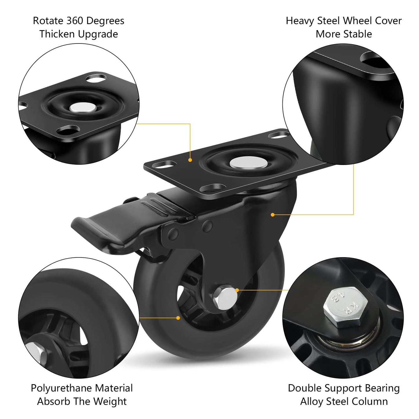 Apllamo 4" Casters Set of 4 ，4 Heavy Duty Quiet Casters, Max Load 22000LBS. Suitable to do Soft Wheels for cart ，Caster Wheels Glide Quietly and Protect The Floor, casters Set of 4 Heavy Duty.