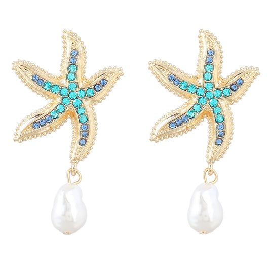 Gold Starfish Pearl Earrings for Women Vintage Charm Blue Sea Star Shell Ocean Animal Chic Crystal Rhinestone Seashell Baroque Pearls Dangle Drop Earrings for Boho Summer Beach Party Holiday Jewelry (Blue starfish)