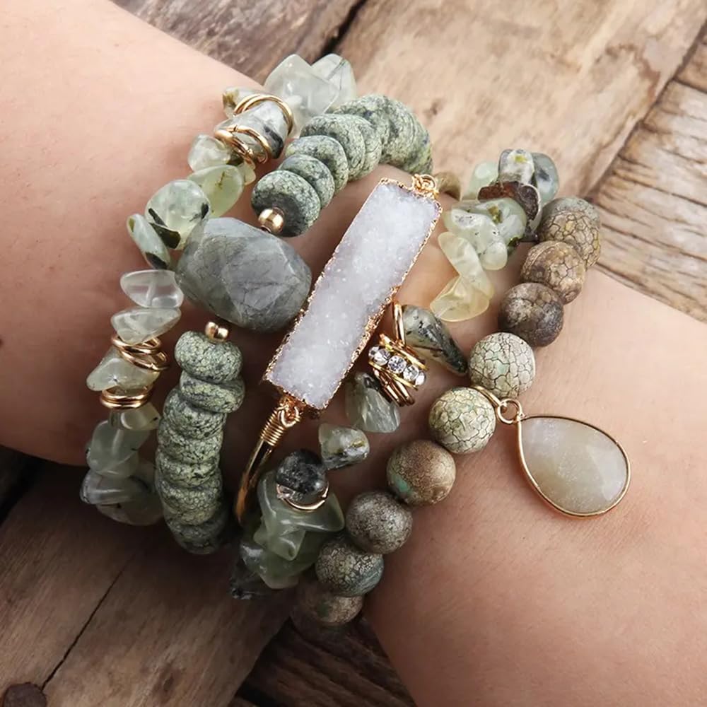 Yomisa Boho Beaded Bracelets for Women,5PCS Healing Natural Labradorite Jasper Stone Bead Bracelets Multilayer Wrap Stackable Friendship Stretch Beaded Bracelets Set Trendy Bohemian Jewelry Gift