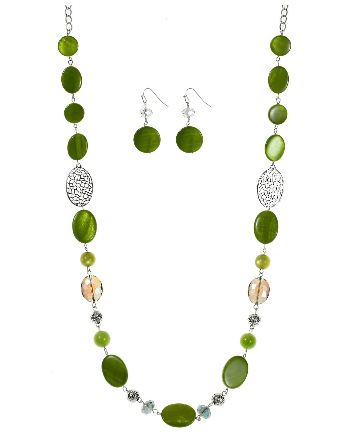 Aenu Beaded Long Necklace Set for Women Silver Gold Tone Sweater Chain Stone Crystal Beads Necklace Trendy Fashion Jewelry for Holiday Gifts (Green)