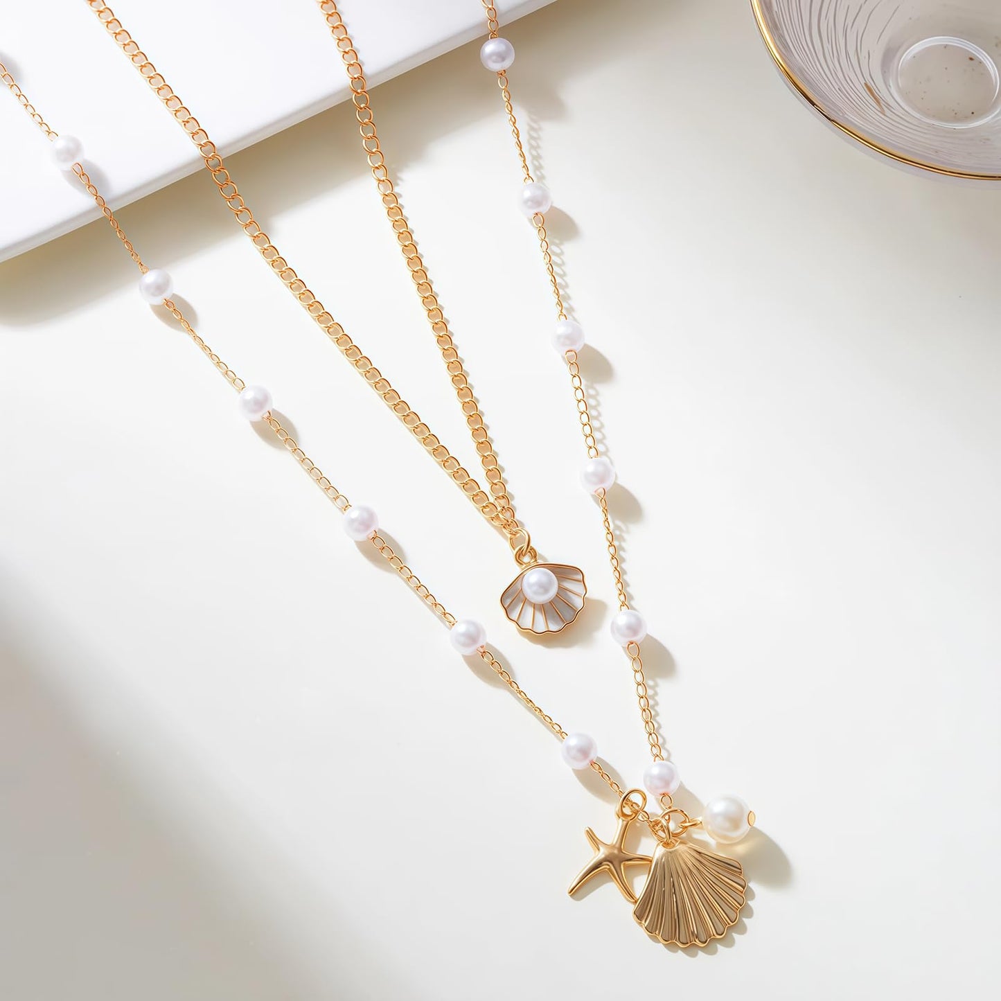 Shell Starfish Necklace for Women, 14k Gold Plated Boho Layered Beaded Charm Pendant Necklace, Dainty Adjustable Pearl Conch Summer Beach Vacation Jewelry Gifts(Shell&Pearl)