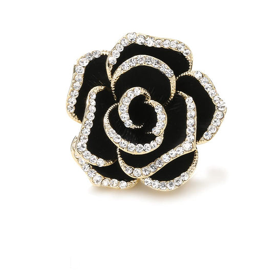 Elegant Crystal Blooming Rose Flower Brooch Lapel Pin Breastpin for Women Birdal Cardigan Hat Scarf Suit Sweater Floral Pins (32mm Black Rose)