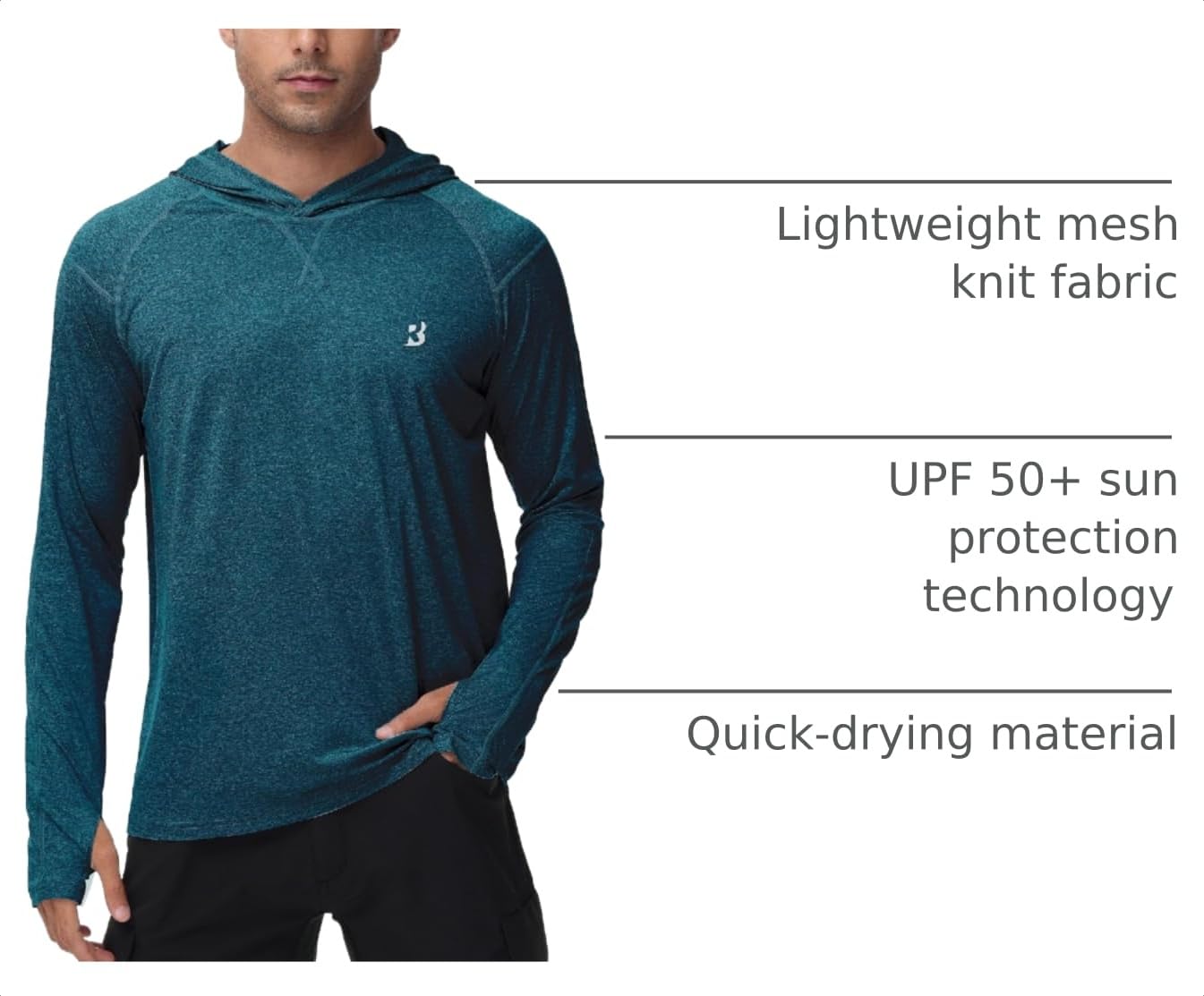Mens UPF 50+ Fishing Swim Shirt - Long Sleeve Sun Shirts Rashguard Running Hiking Beach Workout Hooded Shirt with Thumbhole