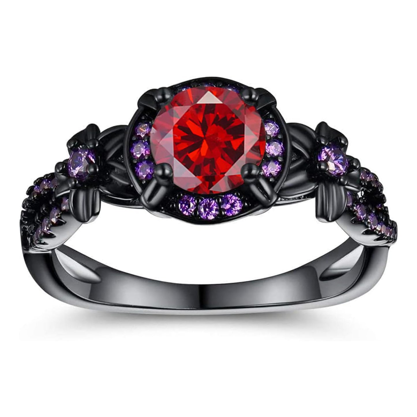 Vintage Black Gold Plated Ring with Created Garnet Gemstone, Purple CZ Accents, Wedding Engagement Band, Sizes 5-10 (7)