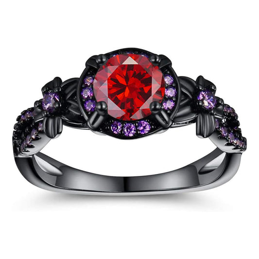 Vintage Black Gold Plated Ring with Created Garnet Gemstone, Purple CZ Accents, Wedding Engagement Band, Sizes 5-10 (8)
