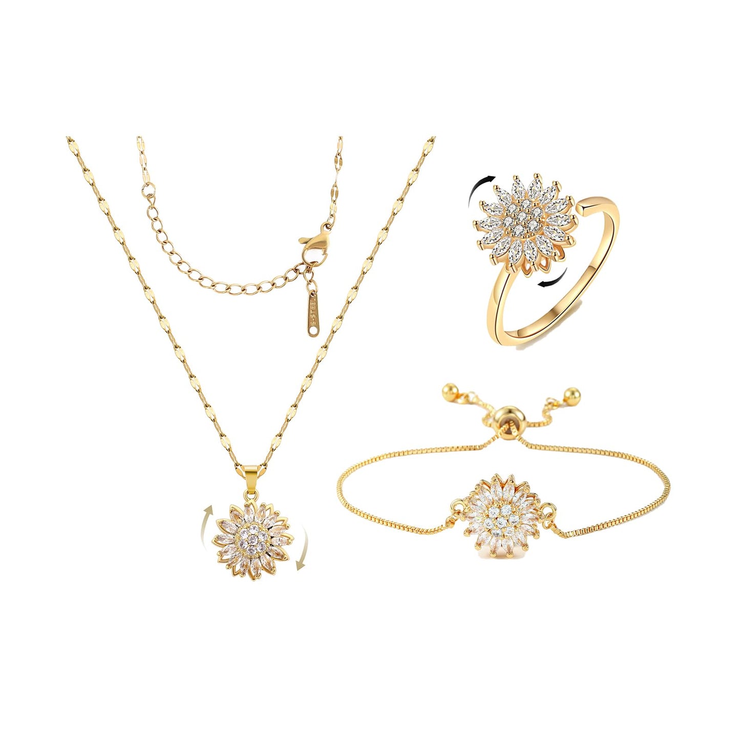 KONPJE Sunflower Fidget Necklace for Women Gold Moon Necklace Rotating Heart Necklaces Spinning Crystal Sunflower Anxiety Necklaces Crescent Moons Jewelry Accessories (Set)