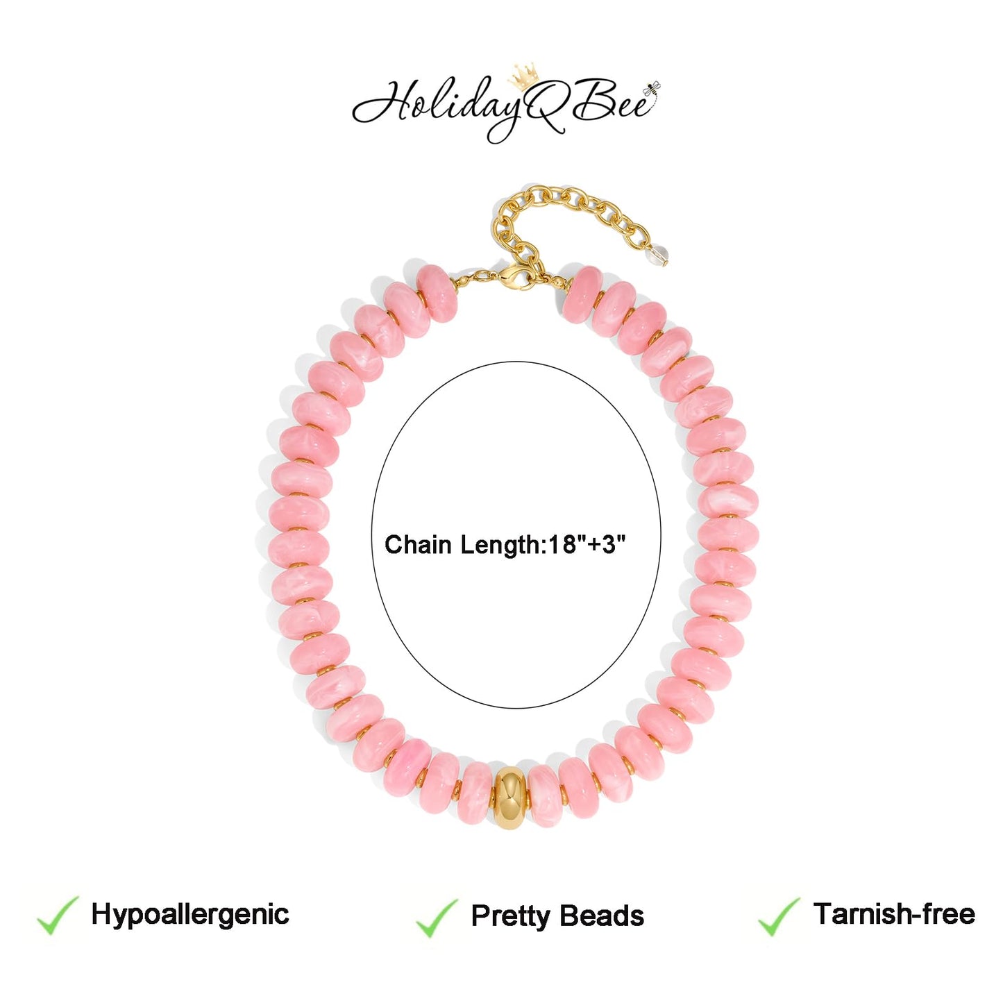HolidayQbee Beaded Necklace for Women Chunky Beaded Choker Necklace Boho Oval Pink Big Bead Statement Necklaces Fashion Trendy Summer Beach Jewelry Gifts