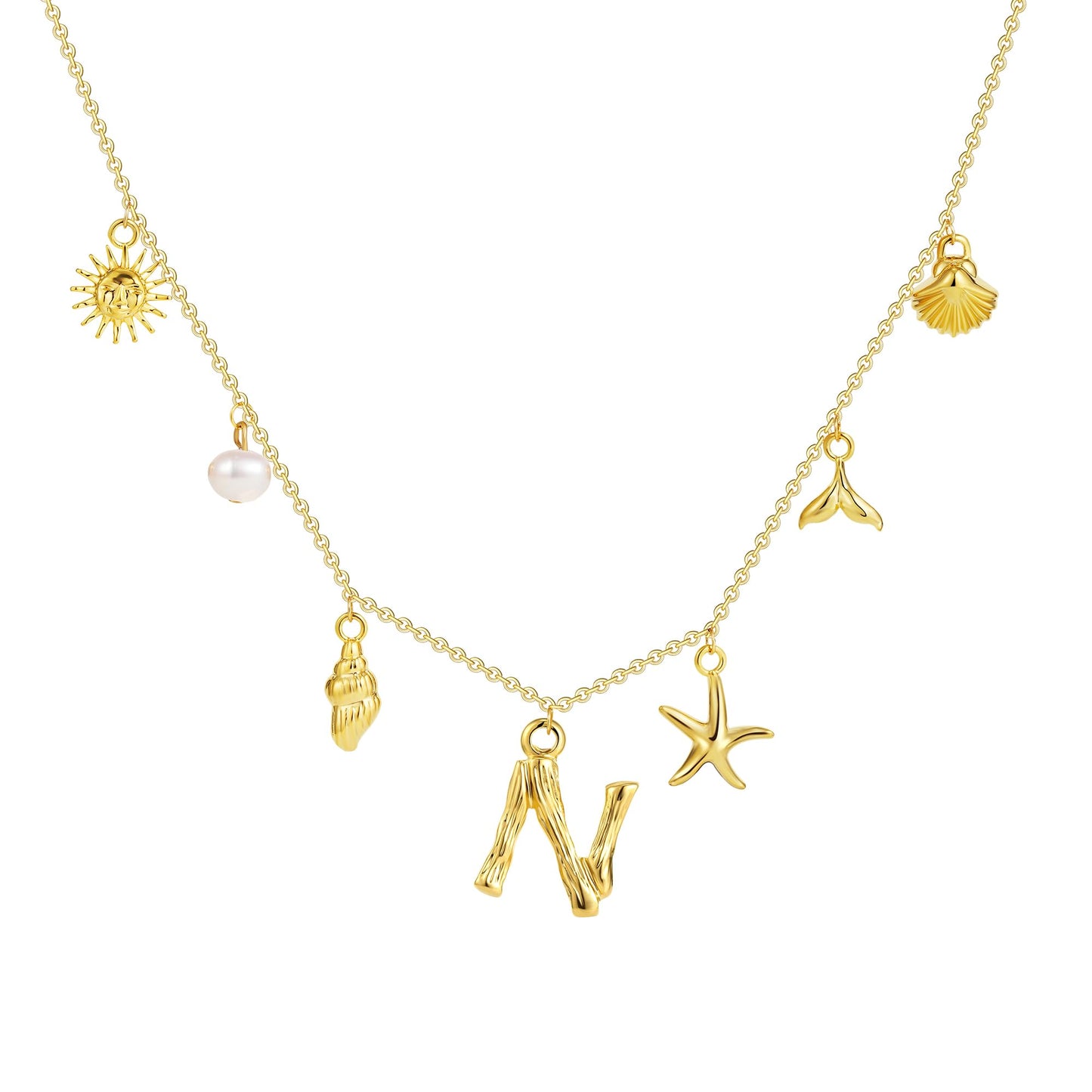 SLOONG Initial Charm Necklace 14K Gold Plated Letter Neckalce Freshwater Pearl Necklace Choker Boho Summer Seashell Beach Starfish Surfer Jewelry Gifts for Women N