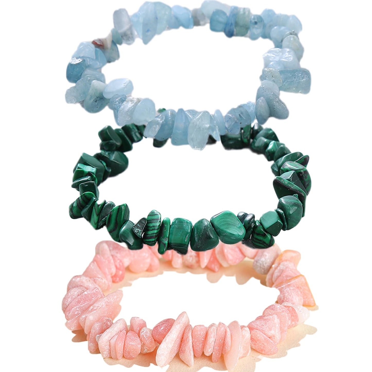 KRYOSAUR Healing Crystal Bracelets 3 Pack for Women, Stone Energy Bracelet Set with Pink Opal, Aquamarine, Malachite for Anxiety Relief, Emotional Healing, Love & Good Luck, Chakra Balancing Gift