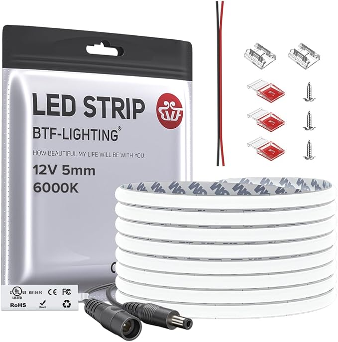 BTF-LIGHTING FCOB COB 5mm Width UL Listed Super Narrow Flexible Uniform Light LED Strip 16.4FT DC12V 6000K CRI 90+ Dimmable LED Ribbon for Kitchen Home Indoor Decoration(No Adapter or Controller)