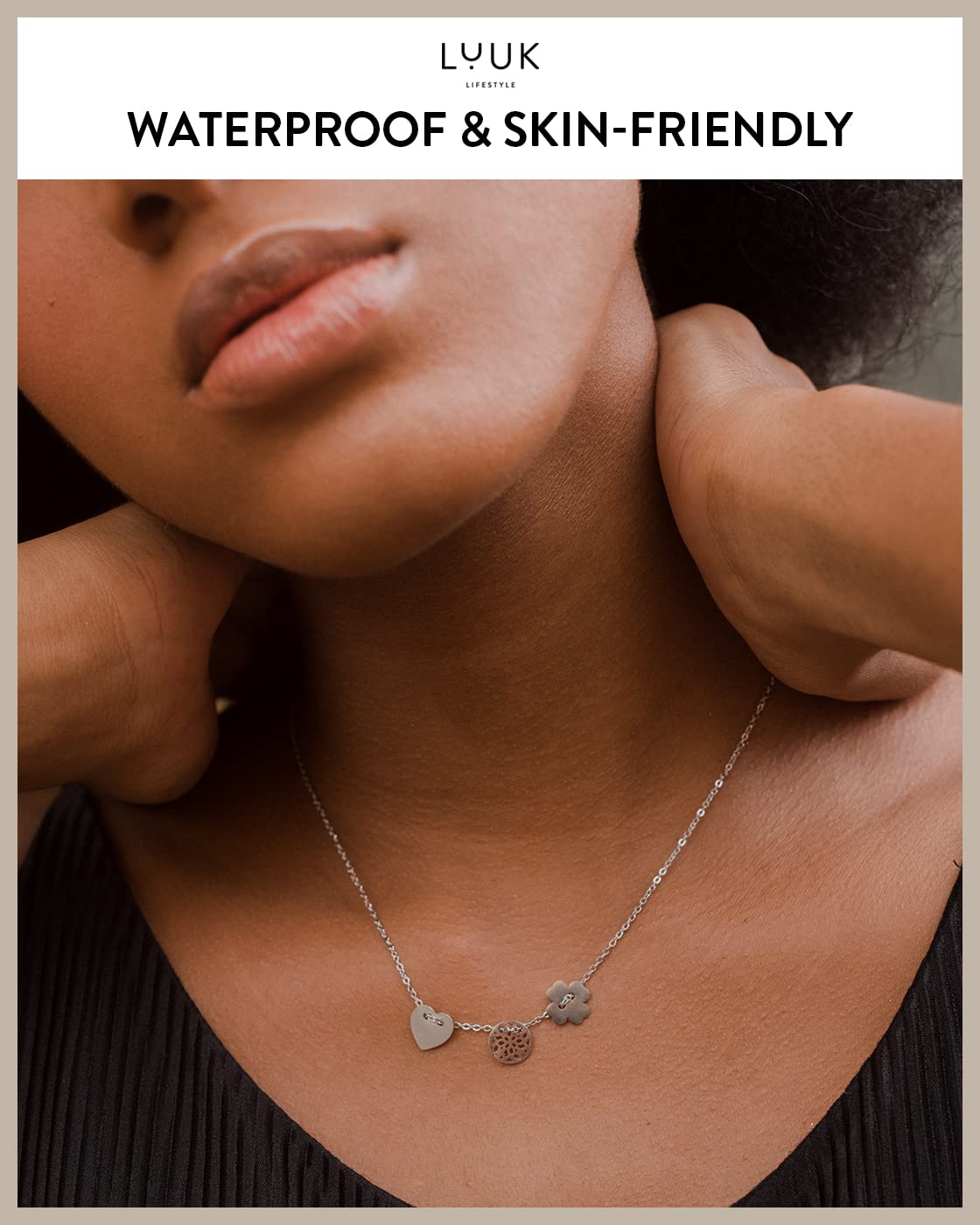 LUUK LIFESTYLE Stainless steel necklace for women, with four-leaf clover, mandala and heart pendants, lucky charms, with HAPPINESS gift card, fine design for attractive look, silver