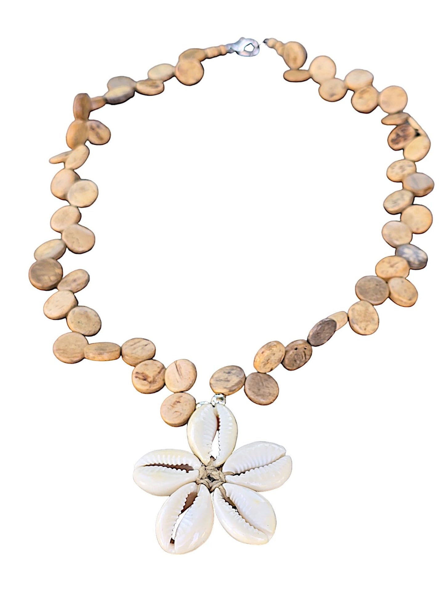 BlueRica Cowrie Shells Flower on Tan Coconut Shell Disc Beads Necklace