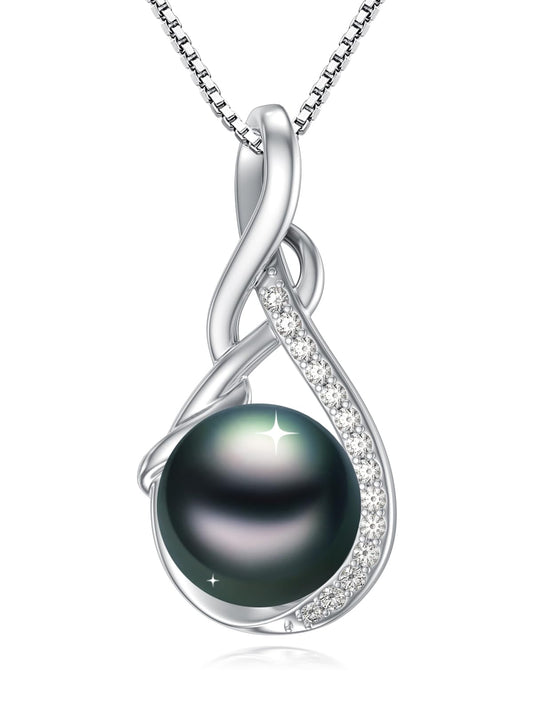 KANNSOAR 9MM Tahitian Black Pearl 18K White Gold Plated Sterling Silver Pendant Necklace Pearl Jewelry-Wedding Anniversary Valentines Day Christmas Mothers Day Gifts for Women Wife Mom Girlfriend Her